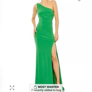 Mac Duggal Draped Jersey One-Shoulder Side Slit Column Gown in Green US 6